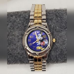 Mickey Mouse Blue Face Watch Disney Two-Tone Stainless Band Wristwatch Working